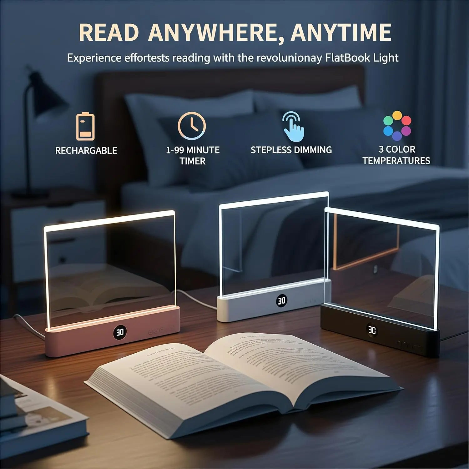 Smart LED Reading Light, Book Lamp Box, Rechargeable Transparent LED Flat Reading Light, with Timer, Doodle Desktop Study Light, the Dream Light for Quiet Readers.